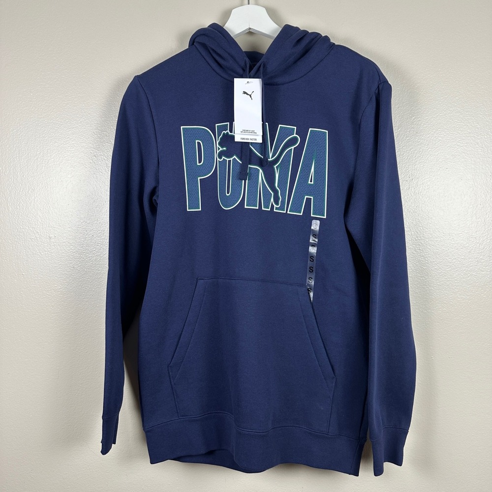 Puma Men's S Hoodie Navy Blue ESS Overlap Graphic Logo Blokecore NEW